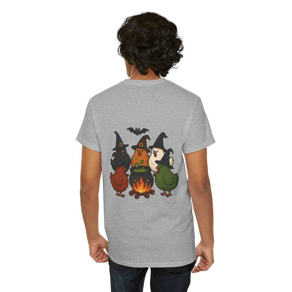 Funny Witch Chicken Tee, Halloween T-Shirt, Unisex Cotton Shirt, Cute Poultry Apparel, Cozy Fall Fashion, Gift for Poultry Lovers