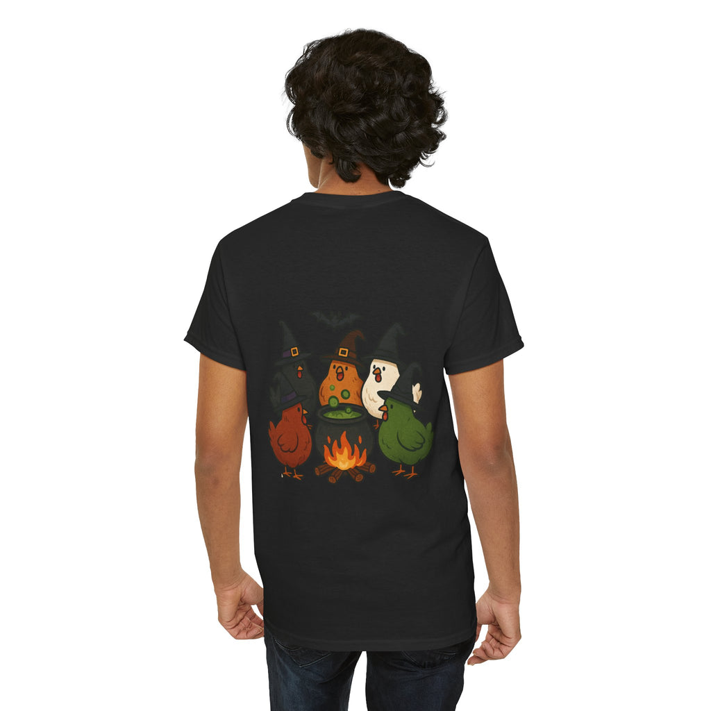 Funny Witch Chicken Tee, Halloween T-Shirt, Unisex Cotton Shirt, Cute Poultry Apparel, Cozy Fall Fashion, Gift for Poultry Lovers
